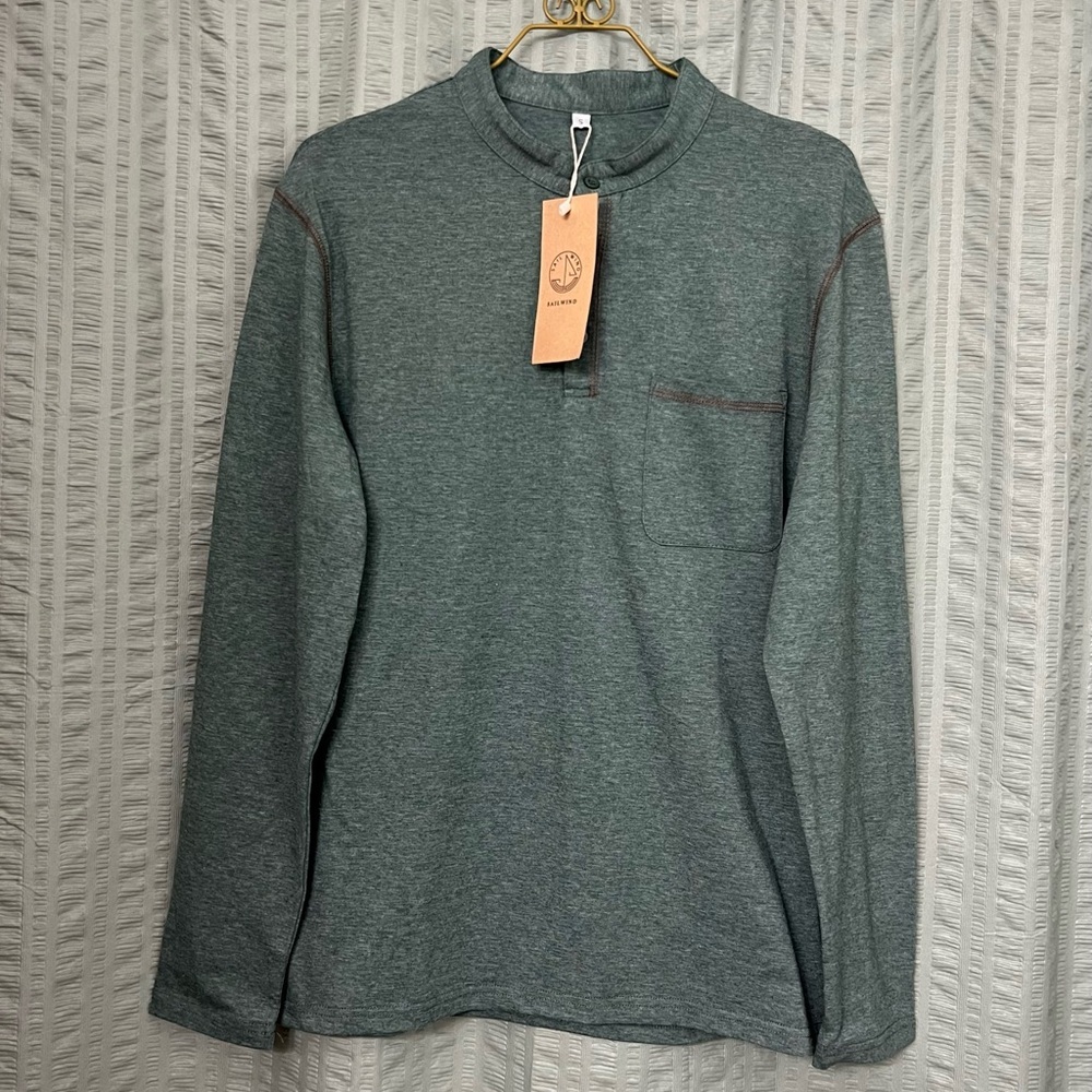 NWT Sailwind Men’s Henley Long Sleeve Shirt Green Cotton Spandex